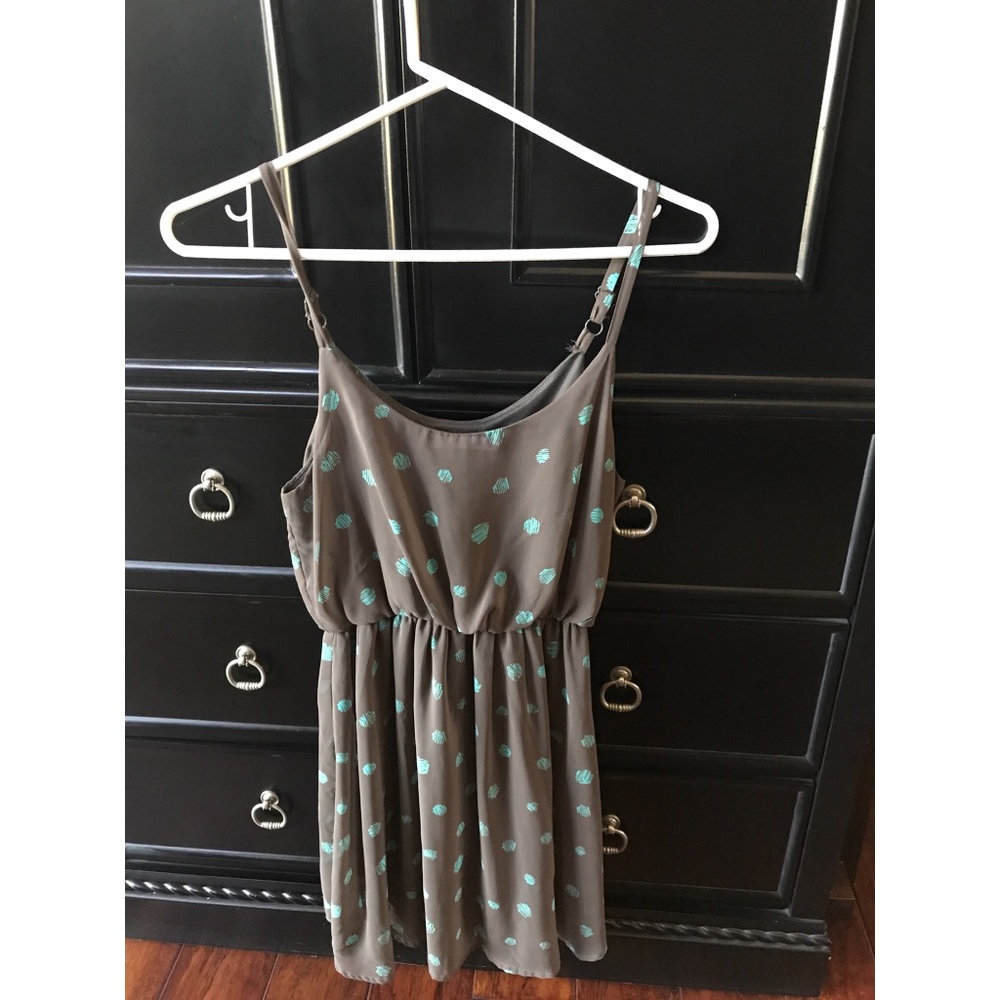 Lush mini dress. Brownish w/ blue polka dots. XS